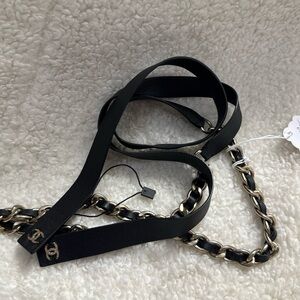 CHANEL Black Leather with Gold Chain Belt